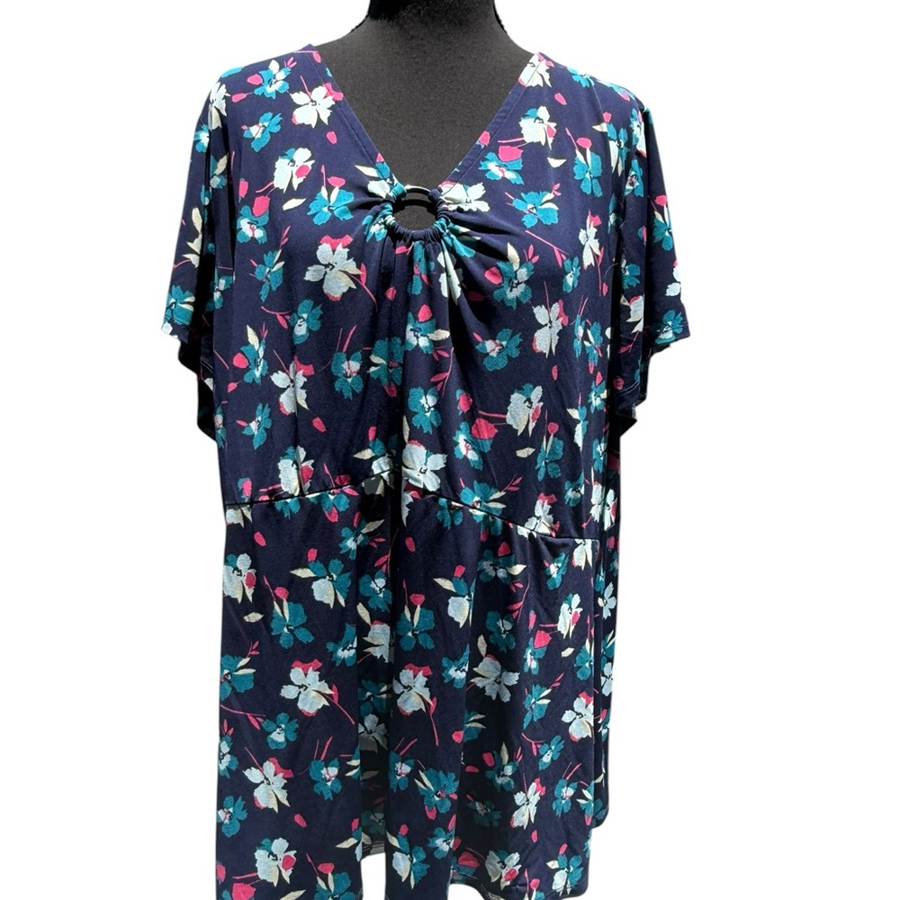 Lane Bryant Navy Floral Tunic with Teal & White Accents